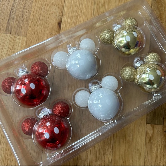 Hallmark 2024 Disney MICKEY MOUSE Set Of 6 Glass Ornaments Ears Red White Gold - Picture 3 of 6